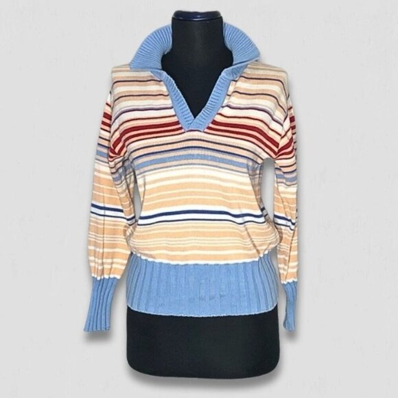Uni Sweaters - Uni Sweater Retro 70s Cotton Long Sleeve Ribbed V-Neck Striped Peach/Baby Blue M